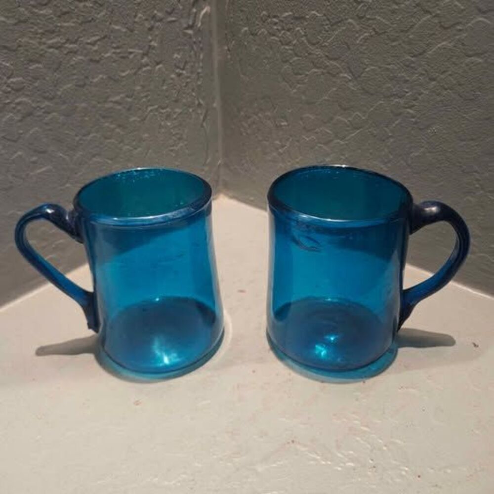Hand-Blown Vintage Blue Art Glass Mugs - Set of 2